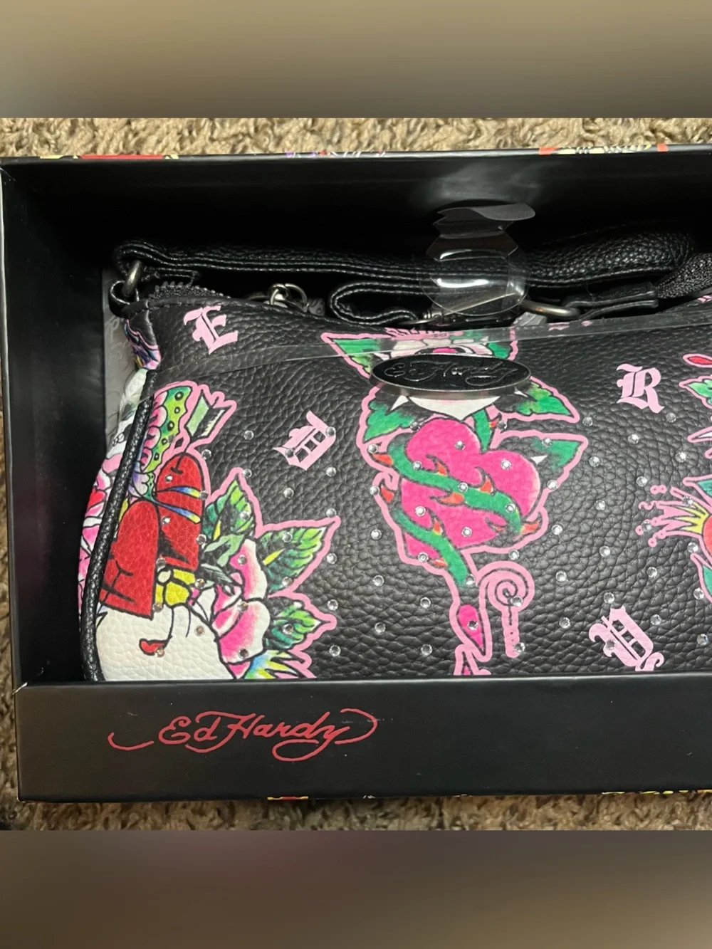 Ed Hardy Black Wristlet and keychain with Pink & Green Tattoo Floral Print